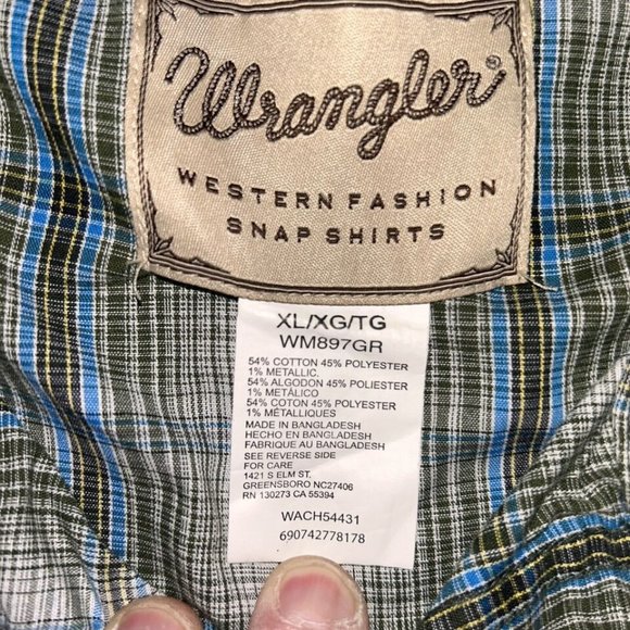Mens Western Shirt XL Wrangler Pearl Snap Plaid Short Sleeve Green white - Picture 7 of 9